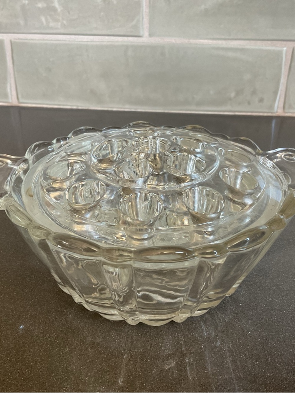 Depression glass flower frog.